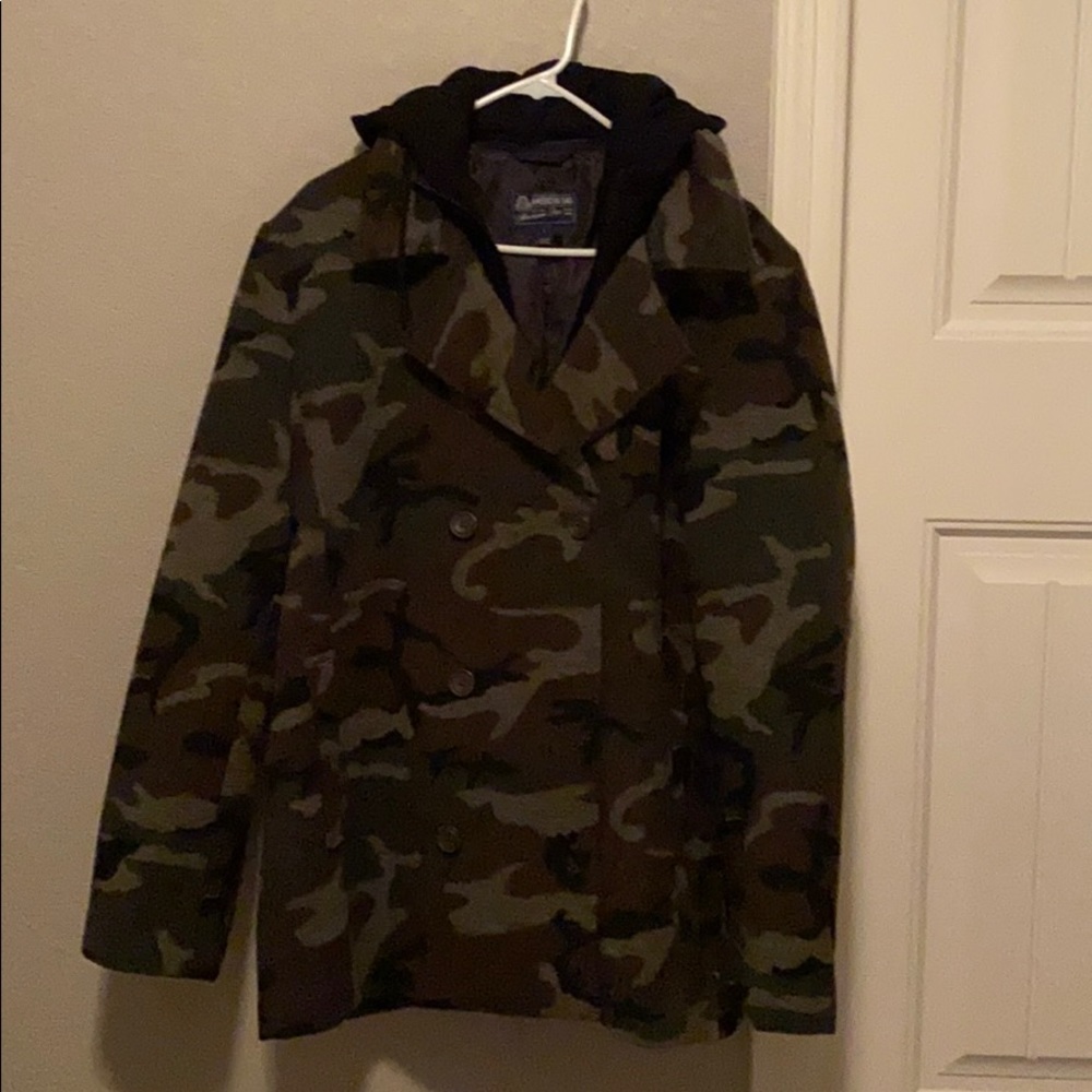 Men’s camo pea coat with hoodie lining